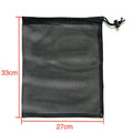 Black mesh drawstring storage bag for children's water ball toys, shown in three size options.