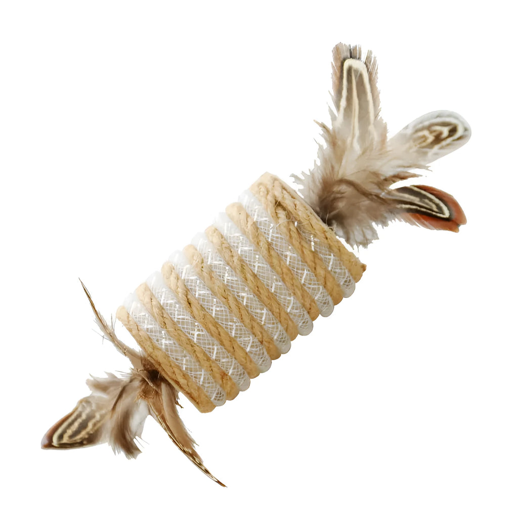 Beige cat toy with hemp rope, feathers, and a sound roller for scratching and interactive play.
