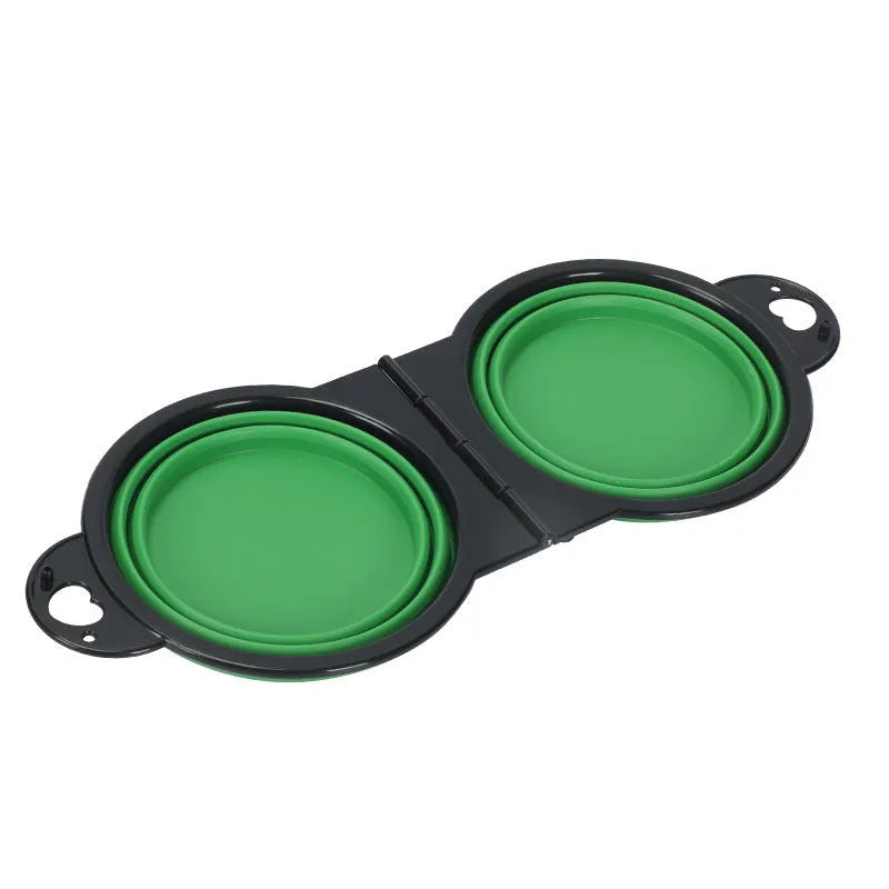 Silicone folding double pet bowl shown open and folded flat in various colours