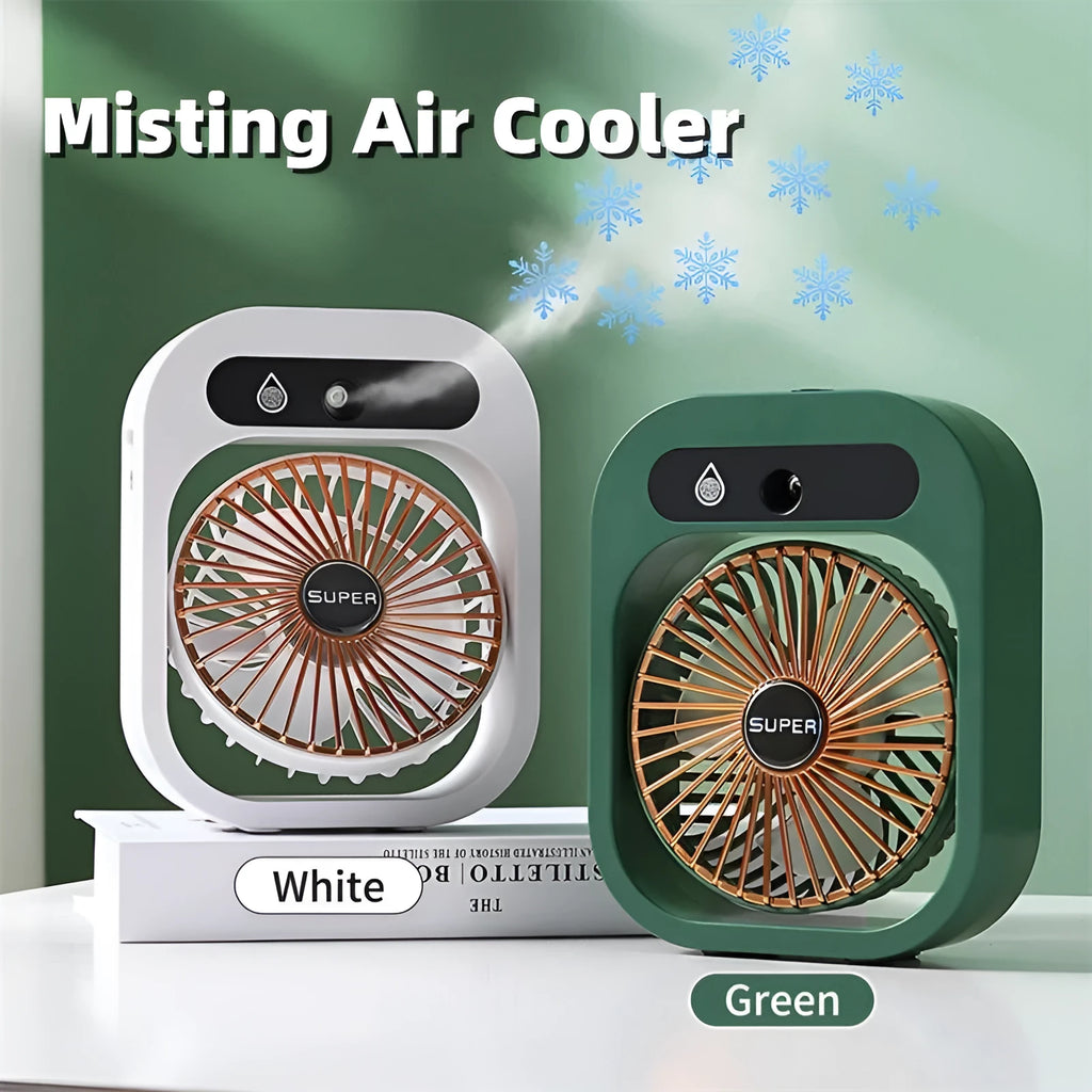 Green and white USB rechargeable portable desk fan with misting humidifier function and adjustable wind direction.