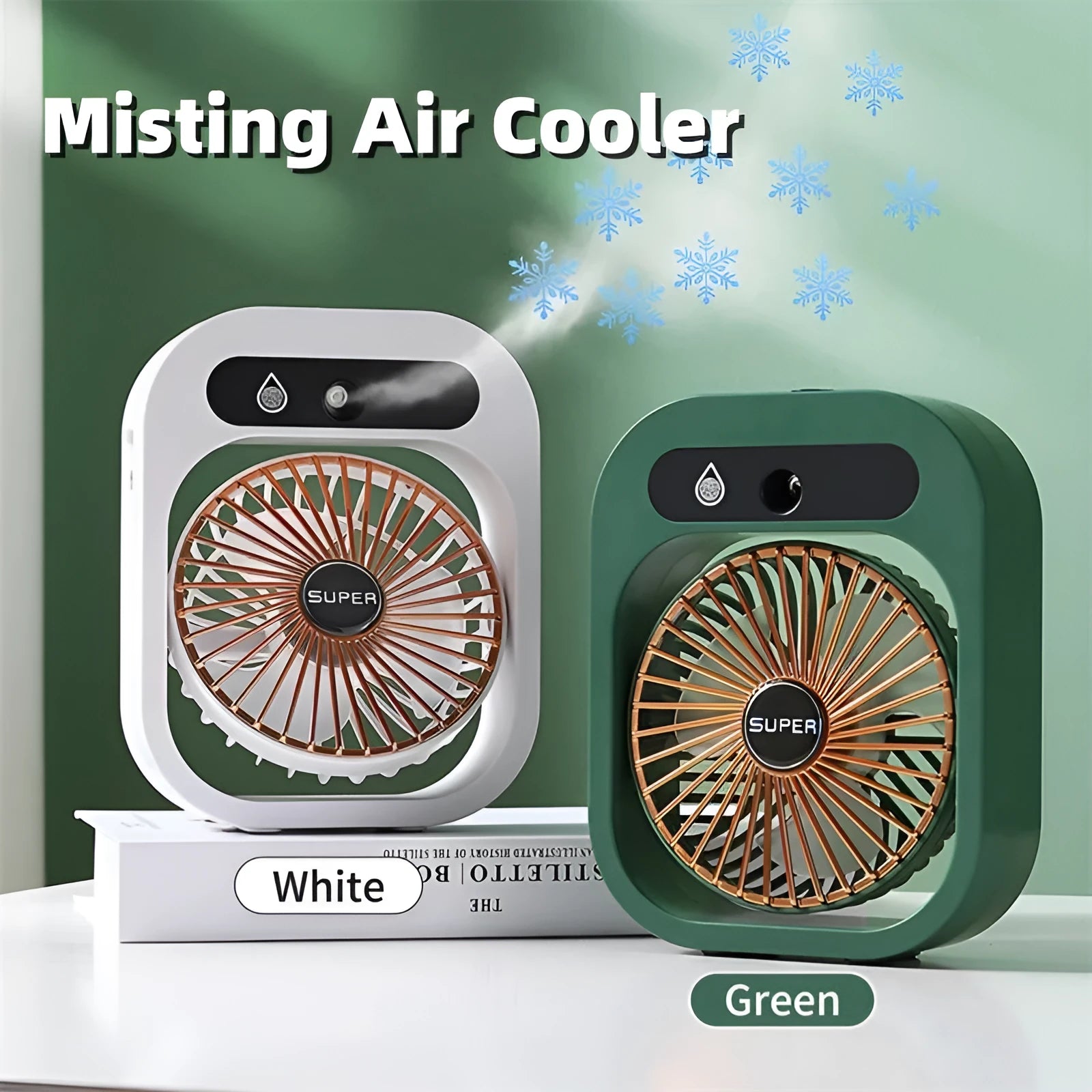 Green and white USB rechargeable portable desk fan with misting humidifier function and adjustable wind direction.