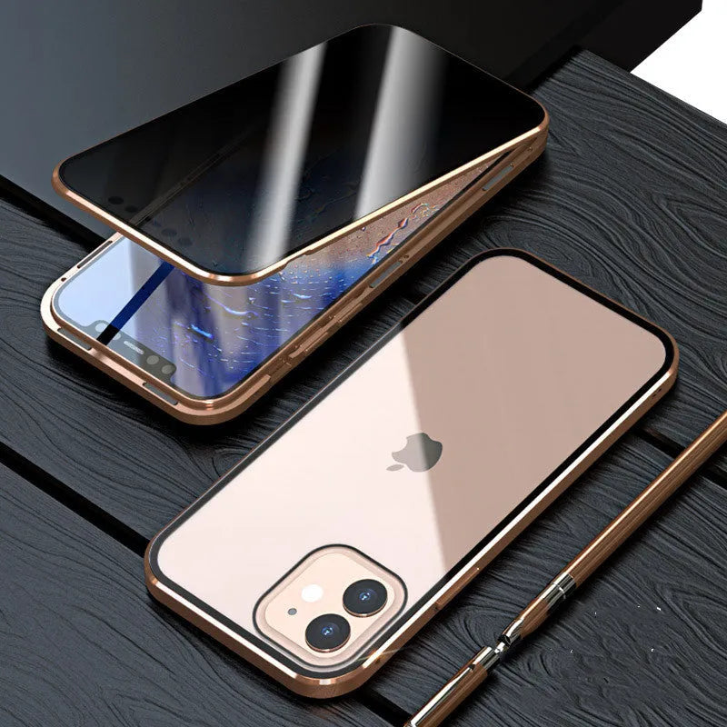 Magnetic privacy glass phone case for iPhone in black, showing anti-spy screen and metal frame.