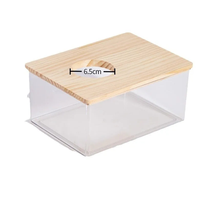 Transparent PET hamster sandbox with solid pine wood cover in rectangle shape for small pet cage toilet use