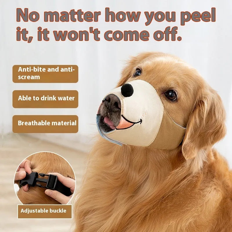Adjustable canvas dog muzzle in Ollie Brown Bear design on a dog, showing three-strap fit.