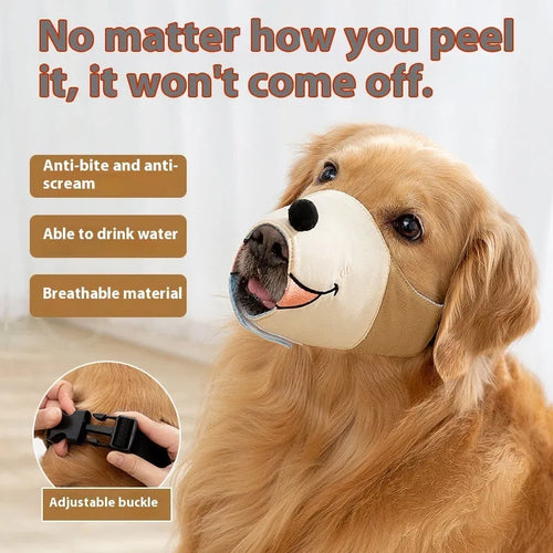 Adjustable canvas dog muzzle in Ollie Brown Bear design on a dog, showing three-strap fit.