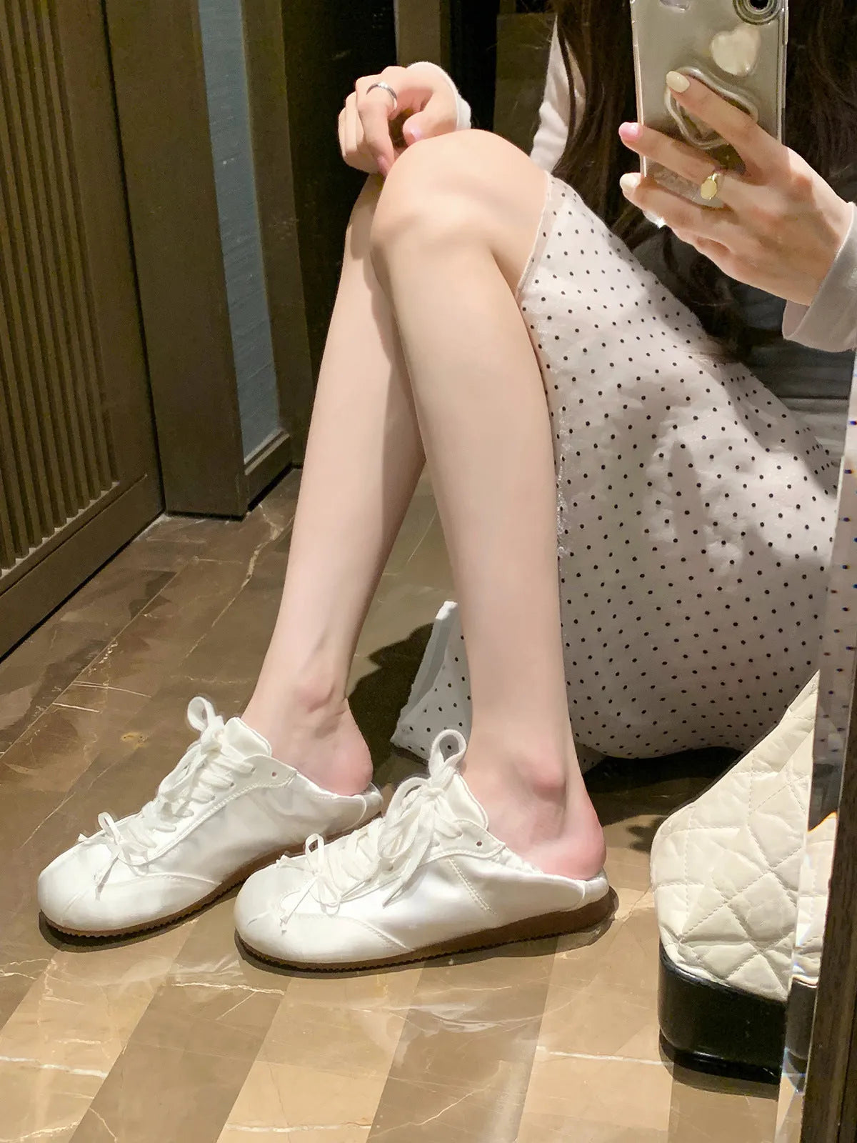 Women's silver grey satin ballet style sports board shoes with round toe and front lace-up design