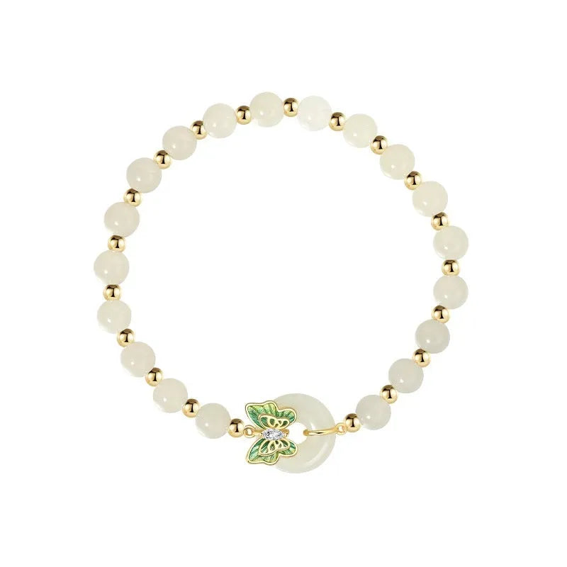 Hetian jade bracelet for women with butterfly design and sterling silver inlaid gemstones