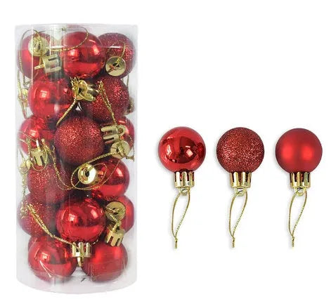 24 gold, red, and silver 3cm plastic Christmas balls with a shiny electroplated finish in a gift box.