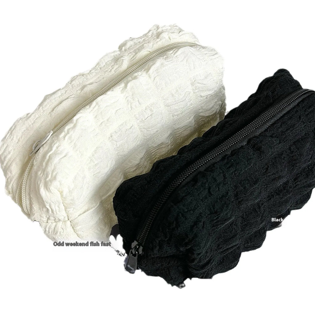 Fabric pencil case with cream puff design in beige colour option showing polyester material construction