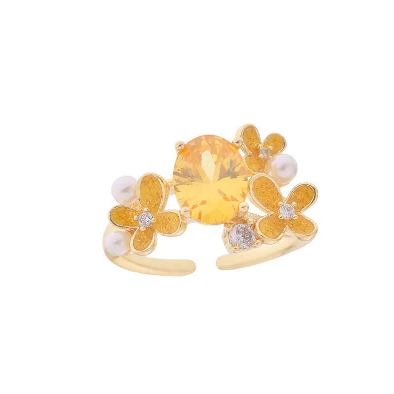 Women's copper open ring with flower design and zircon stones in light purple or yellow
