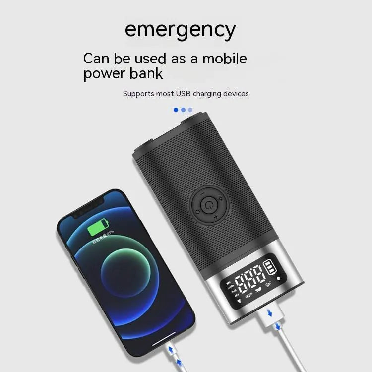 Black portable wireless smart air pump with LED light, USB cable, and nozzles for car, bike, ball, and swimming ring.