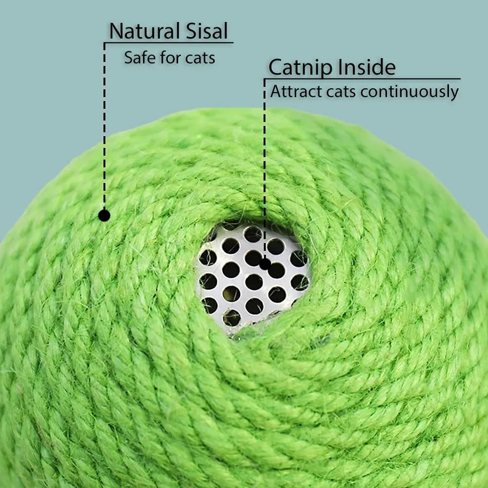 Green cactus-shaped cat tumbler scratcher with sisal ball on a tree tower