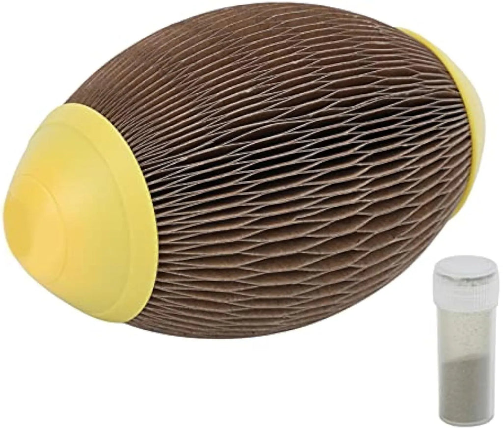 Elliptical corrugated paper catnip ball toy for scratching and play.