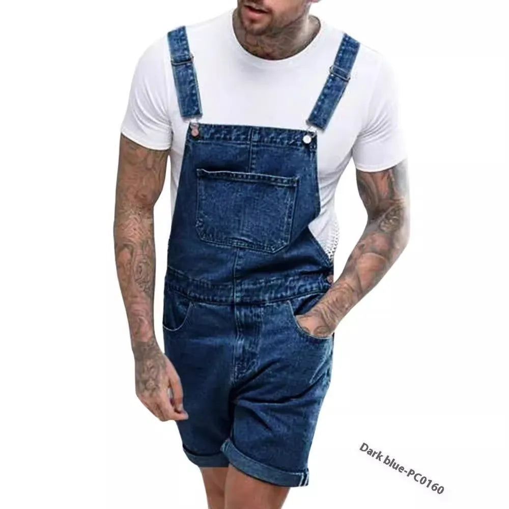 Men's black denim suspender trousers with straight legs and a zip fly on a hanger.