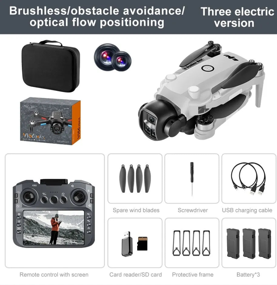 Black HD aerial photography drone with built-in screen and brushless motor on white background