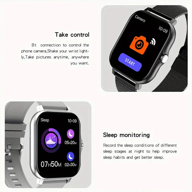 Smart watch with 1.44-inch touch screen on a silicone strap, showing call and health tracking interface.