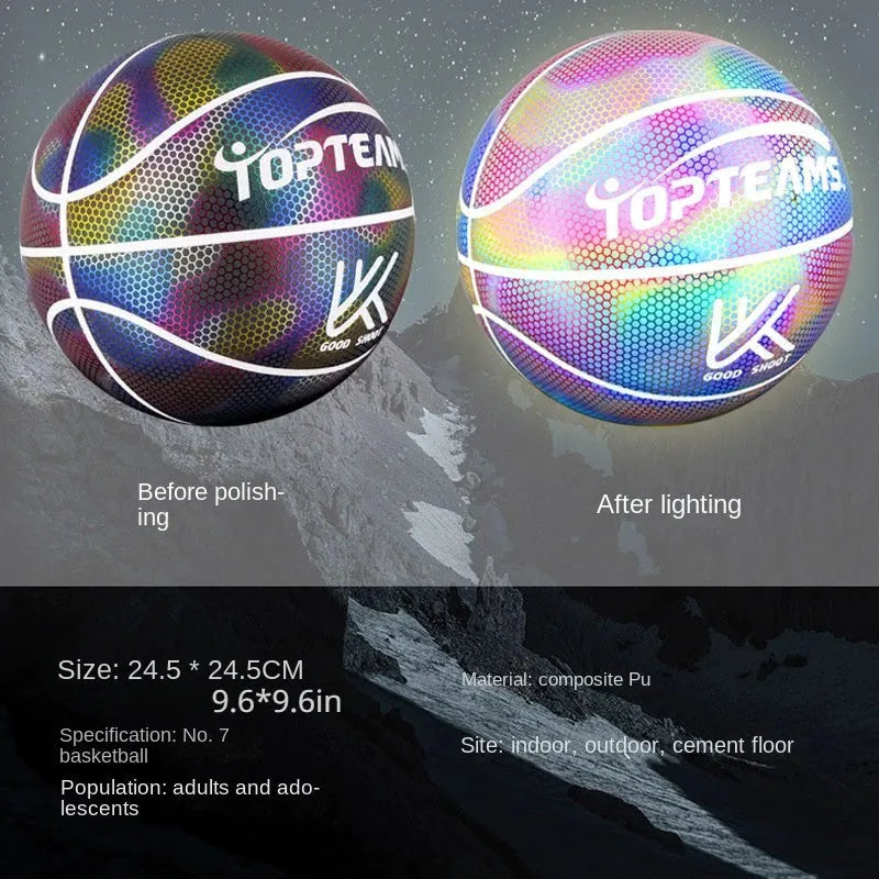 Size 7 holographic reflective basketball with wear-resistant PU surface in chroma colour option