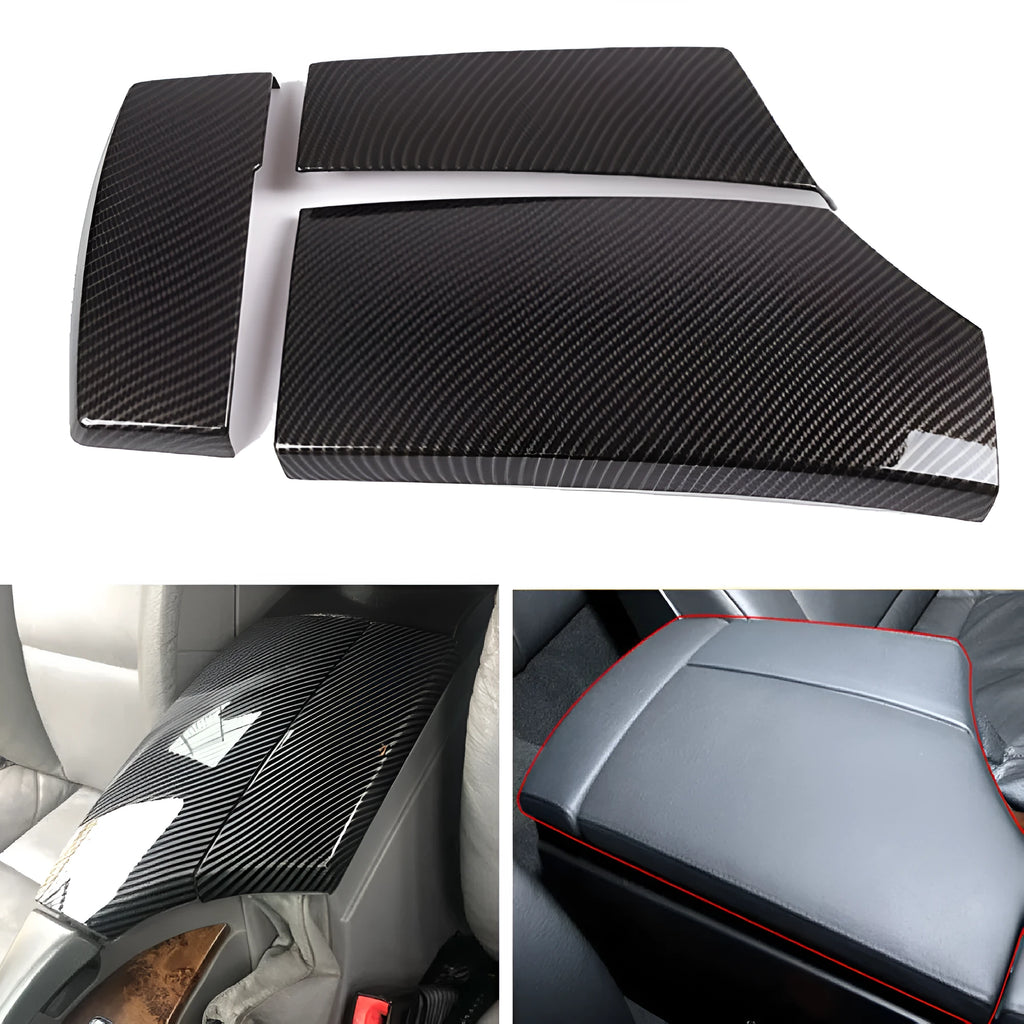 Three ABS protective covers with carbon fibre pattern for car armrest box, showing dimensions and buckle installation