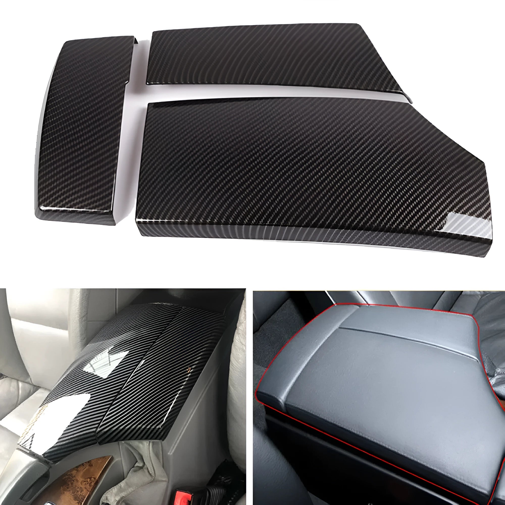 Three ABS protective covers with carbon fibre pattern for car armrest box, showing dimensions and buckle installation