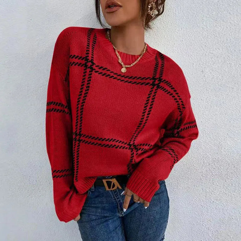 Women's casual plaid colour-block crew neck sweater in acrylic fabric on a hanger.
