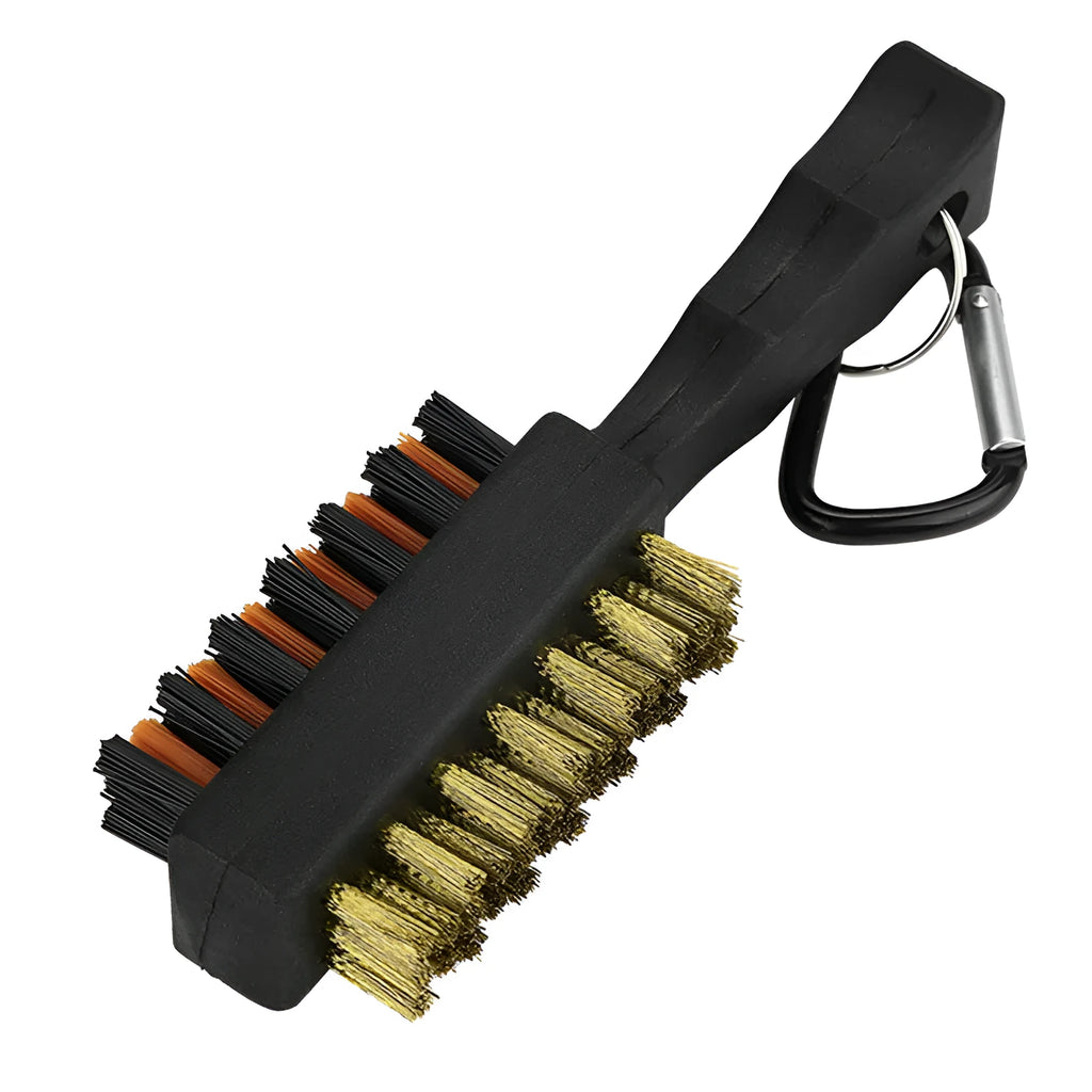 Golf club double-sided brush with nylon and steel wire bristles for cleaning ball head grooves
