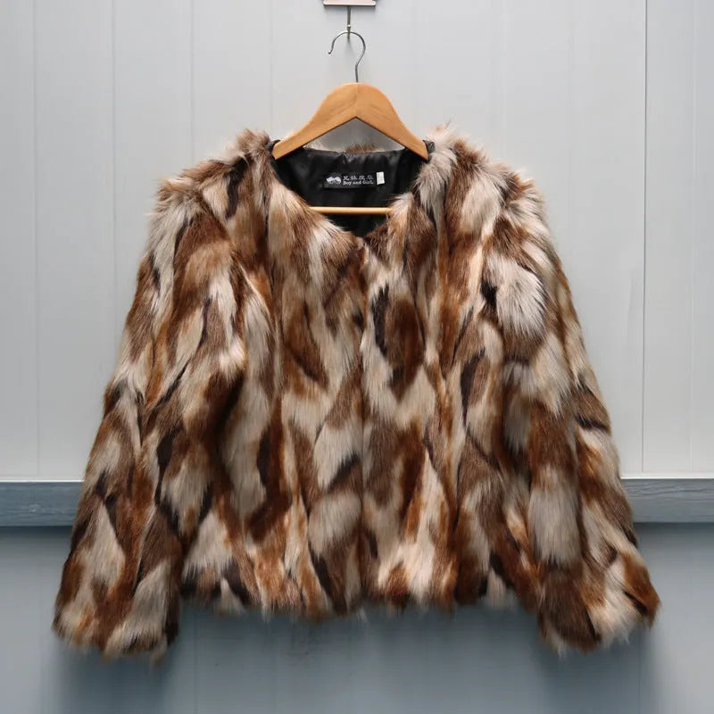 Korean slim-fit women's faux fur coat in picture colour, shown at hip length.
