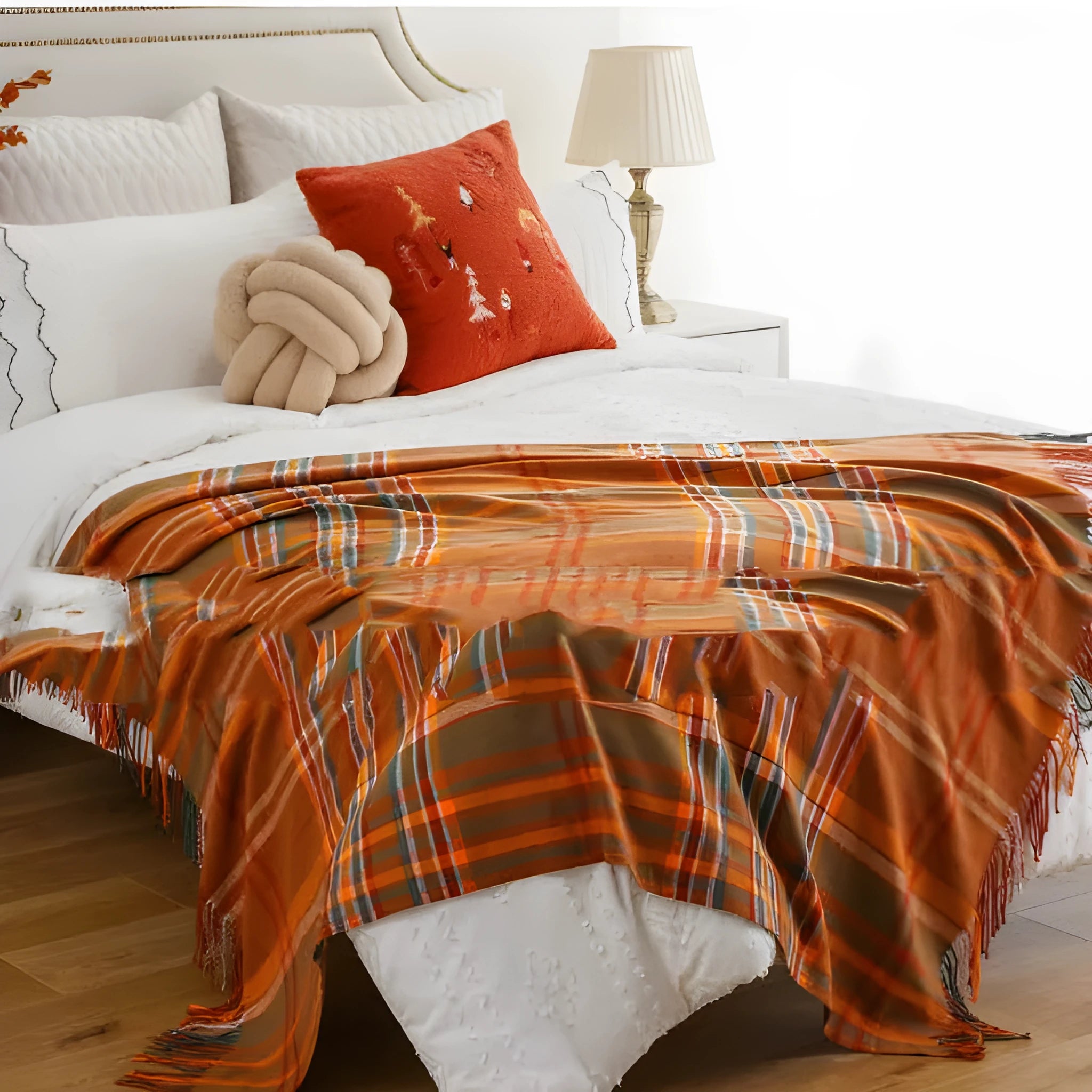 Acrylic chenille plaid blanket with tassels, gray and white geometric pattern, 125x160 cm