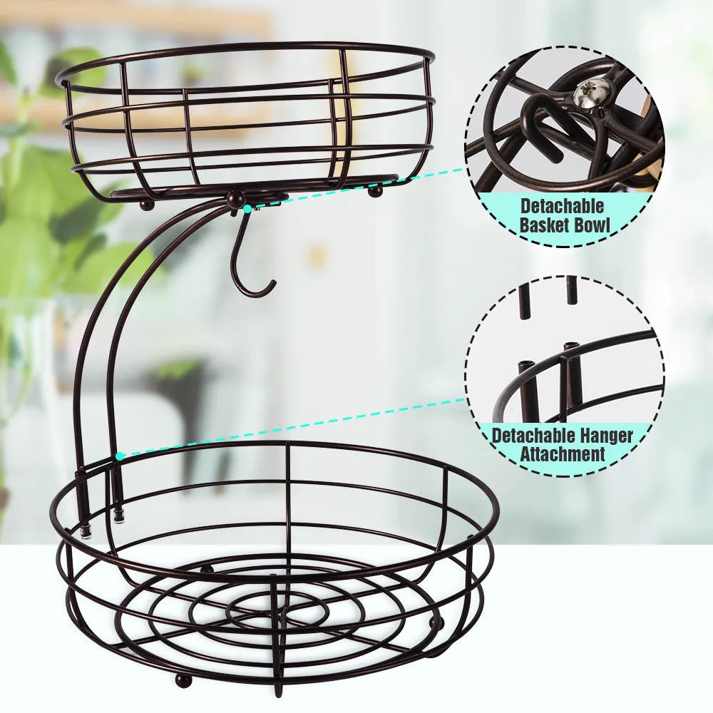 Black wrought iron double-layer fruit basket with two storage tiers.