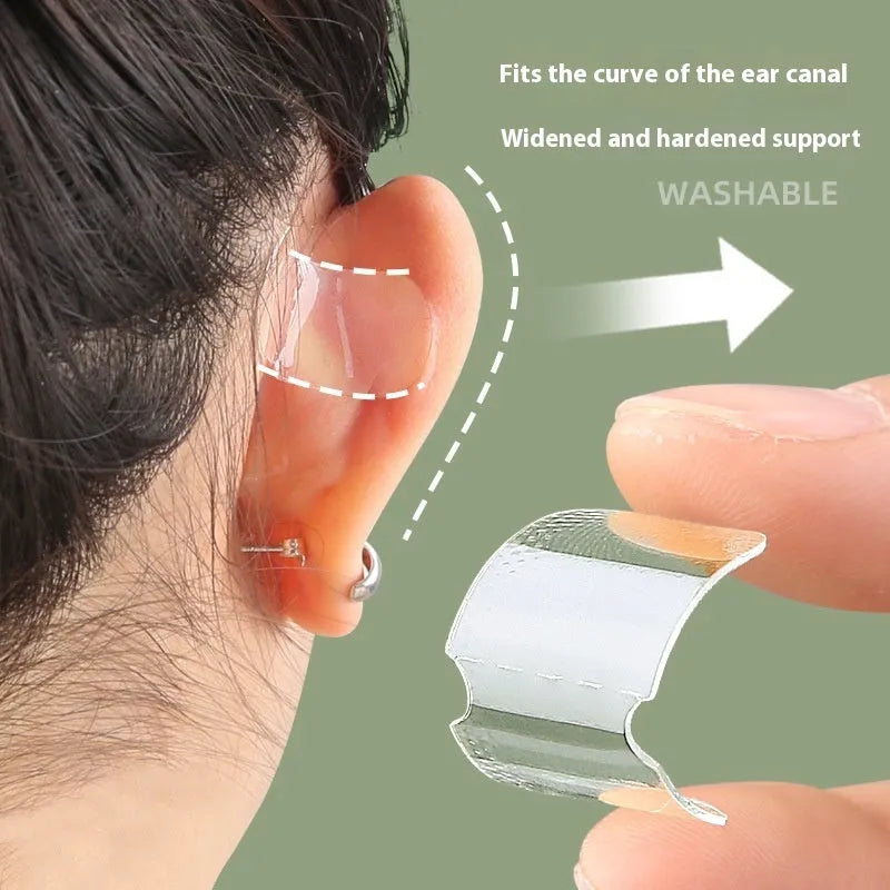Transparent disposable ear patches on backing paper showing 0.1cm thickness and frosted/clear colour options