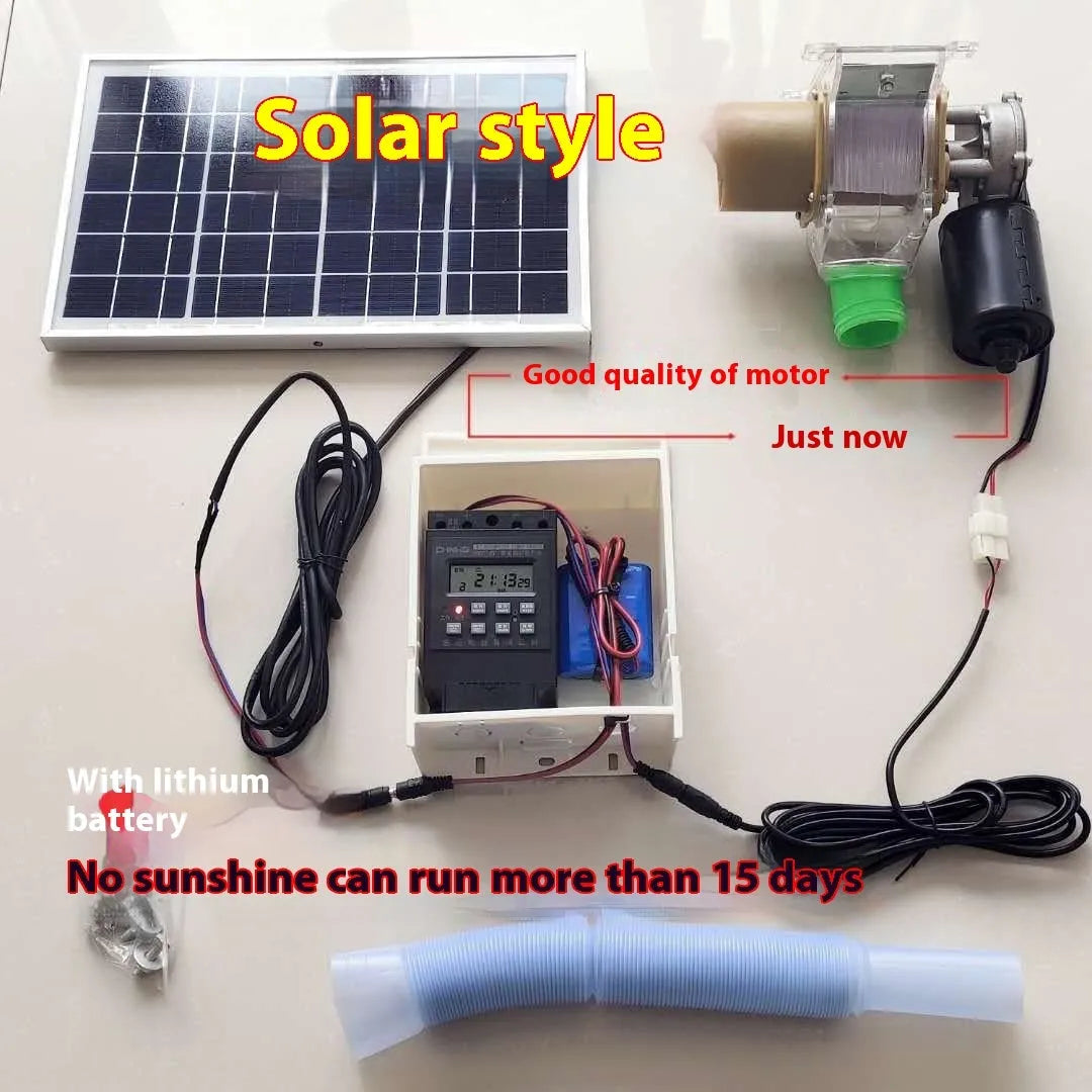 Automatic solar-powered chicken and duck feeding machine with timer display and watertight caisson.