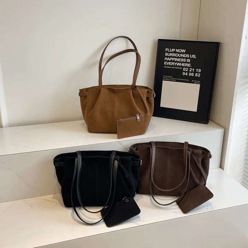 Suede casual commute handbag in brown, horizontal square shape, 36x12x21cm, with double shoulder straps and sewing line detail