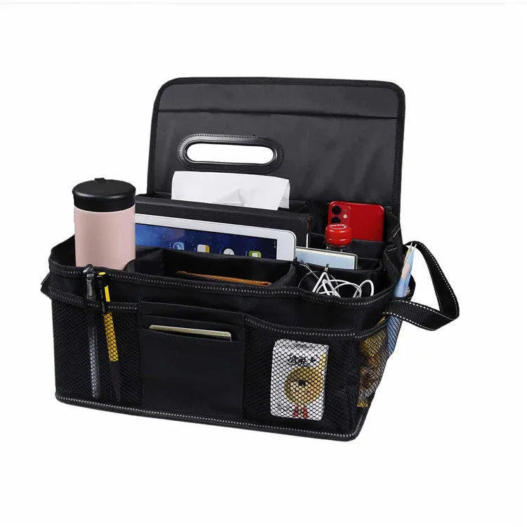 Black Oxford cloth cubic car boot storage box showing dimensions of 33cm wide by 33cm deep by 16cm high.