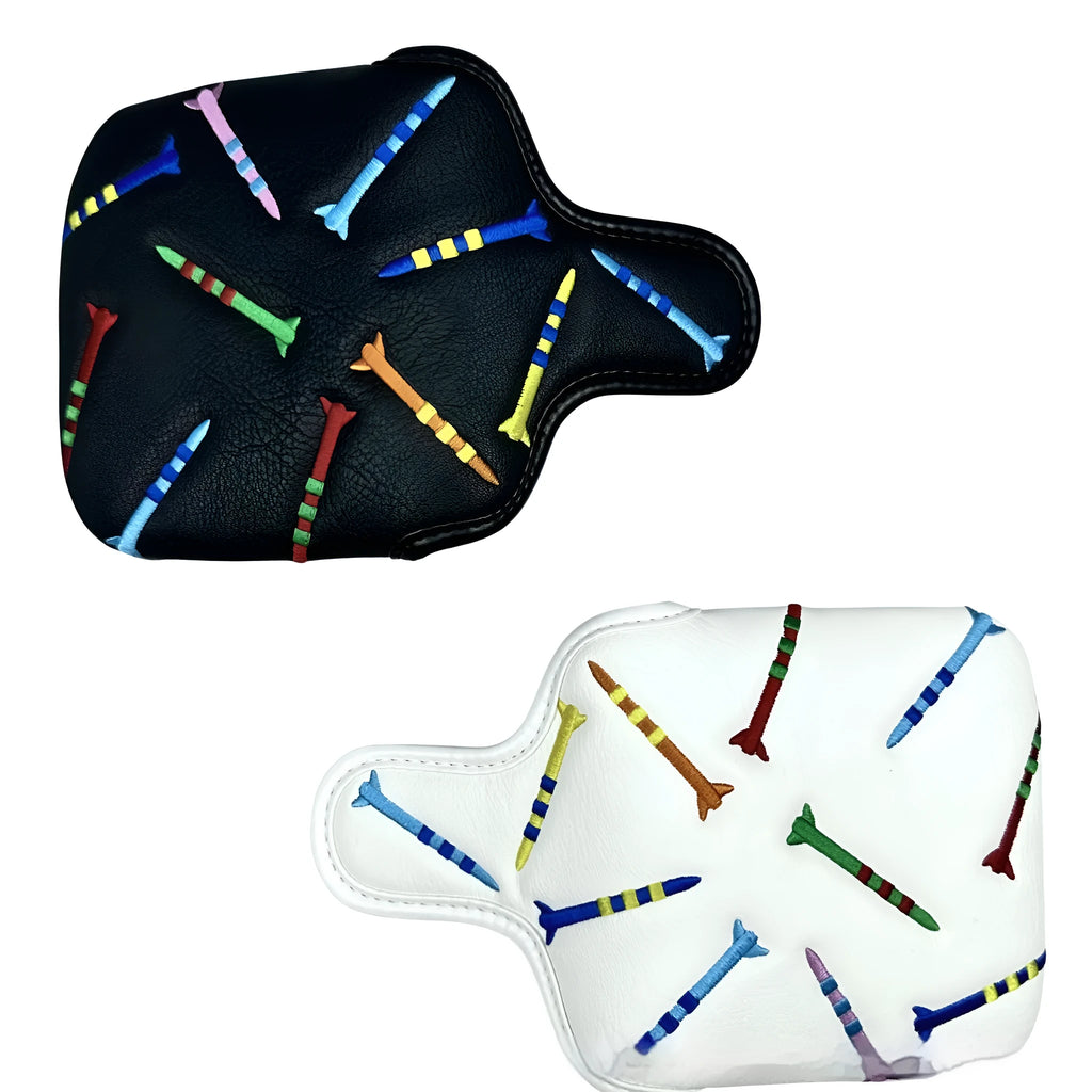 Black and white PU leather protective sleeve for a Rocket pattern square golf putter.