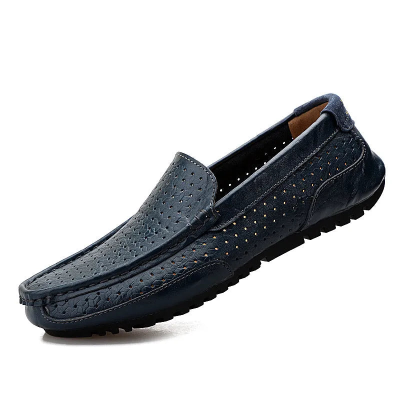 Men's summer leather shoes with breathable mesh upper in solid black colour on white background