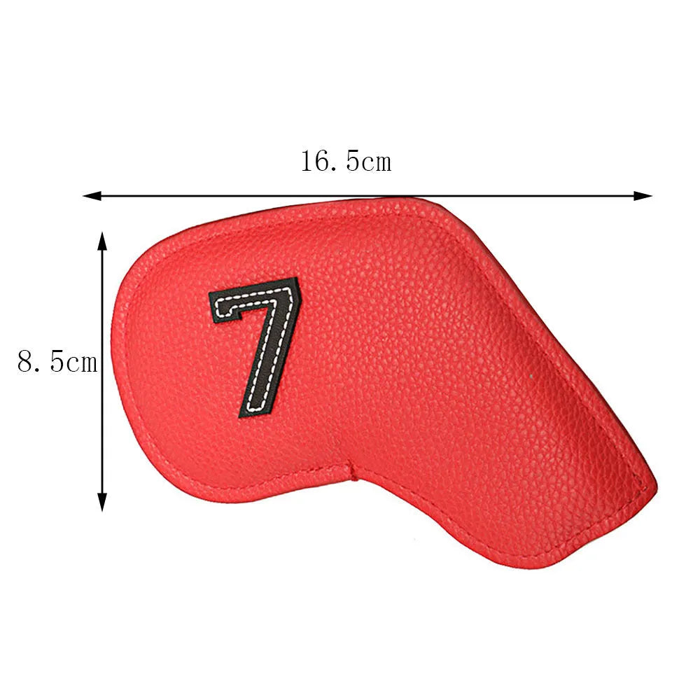 Set of ten colourful digitally printed golf club head covers made from PU material.
