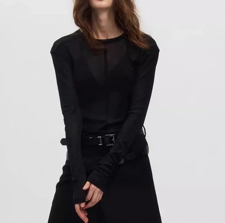 Black slim-fit women's pullover top with a mesh see-through texture and long sleeves.