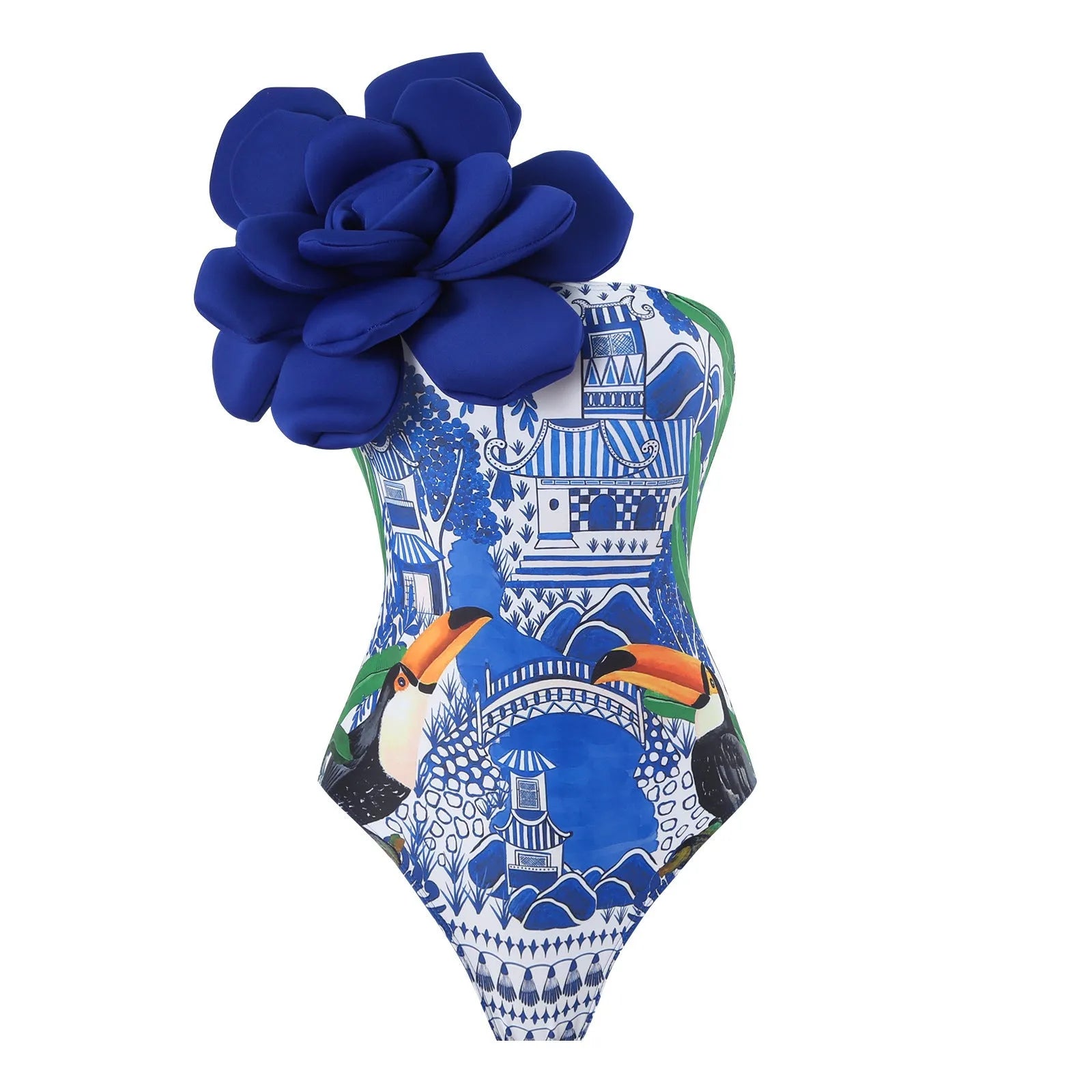 Blue printed one-piece swimsuit with matching gauze skirt set for swimming