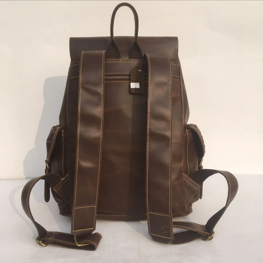 Brown genuine leather men's backpack with air pillow belt comfort system
