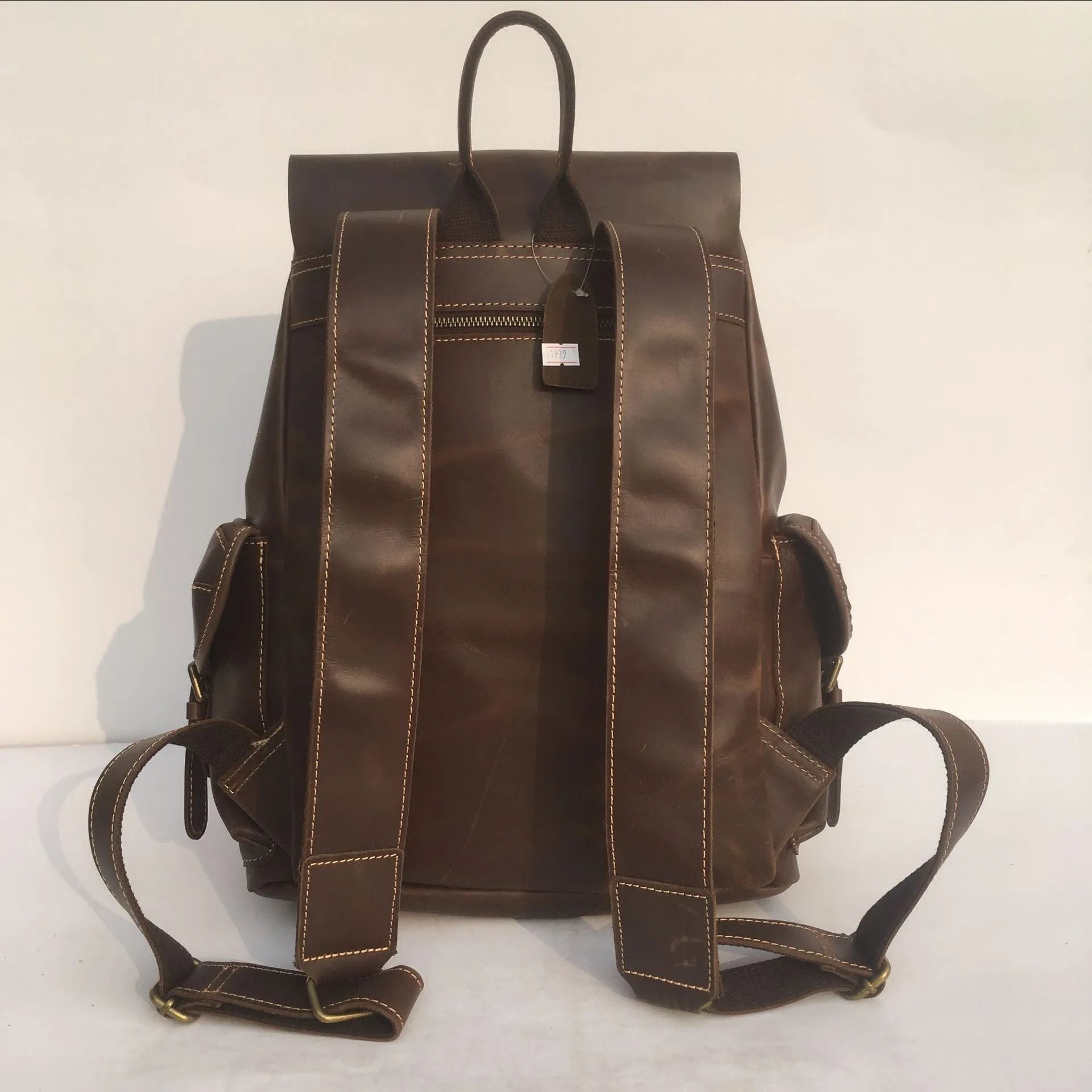 Brown genuine leather men's backpack with air pillow belt comfort system