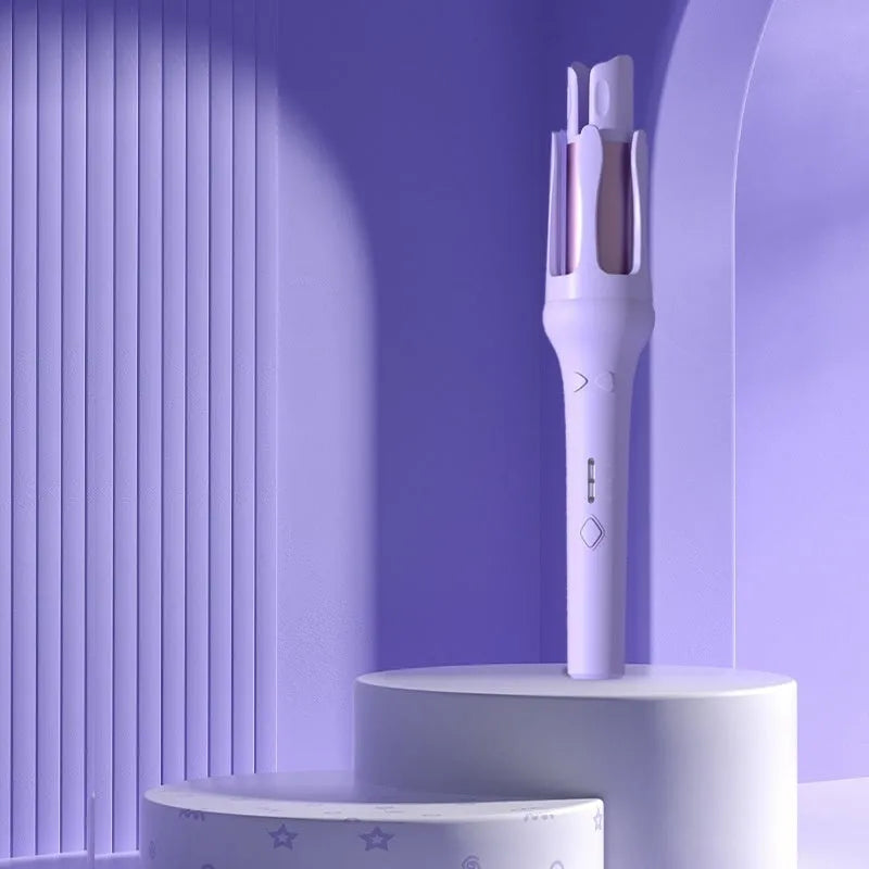White and pink automatic hair curler with a rotating 32mm ceramic barrel and international plug adapters.