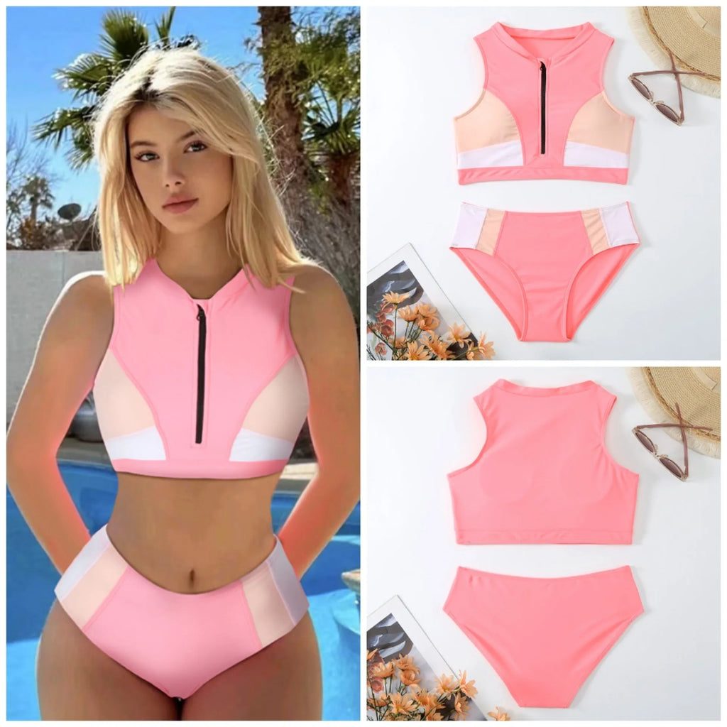 Pink high-waist bikini swimsuit set with brief bottoms and a matching bra on a mannequin.