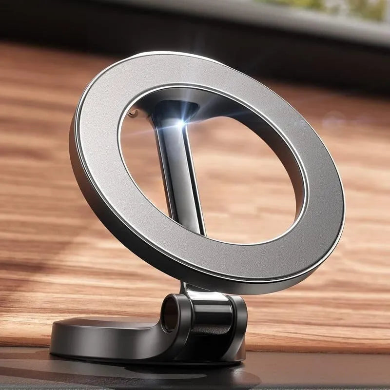 All-metal magnetic car phone mount in Qian Colour, shown folded and open on a dashboard.
