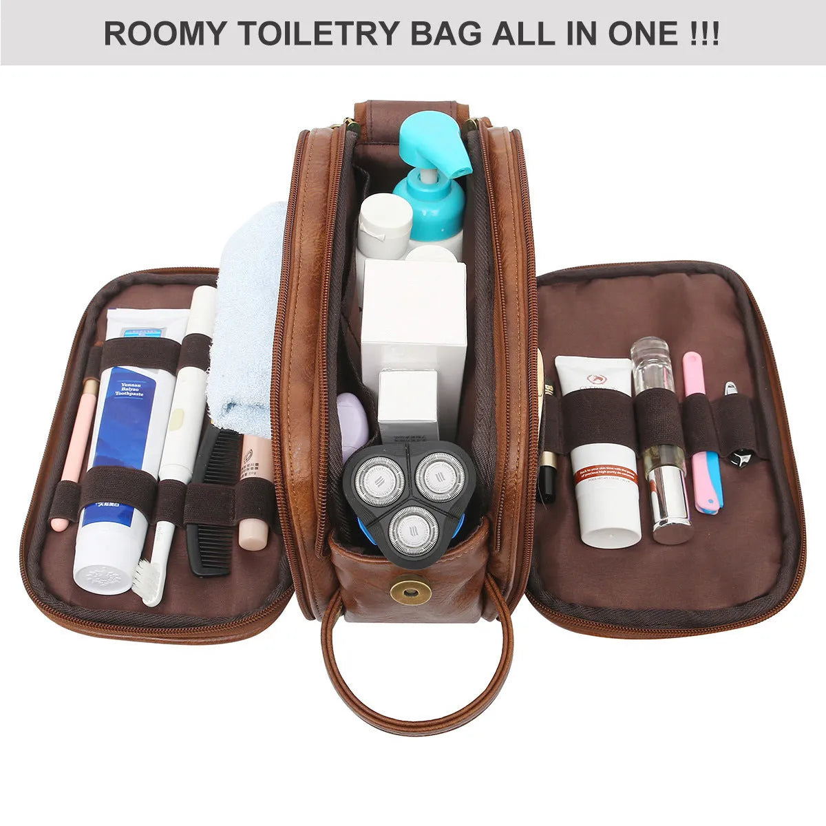 Men's solid colour Pu toiletry bag in black or brown for travel storage.