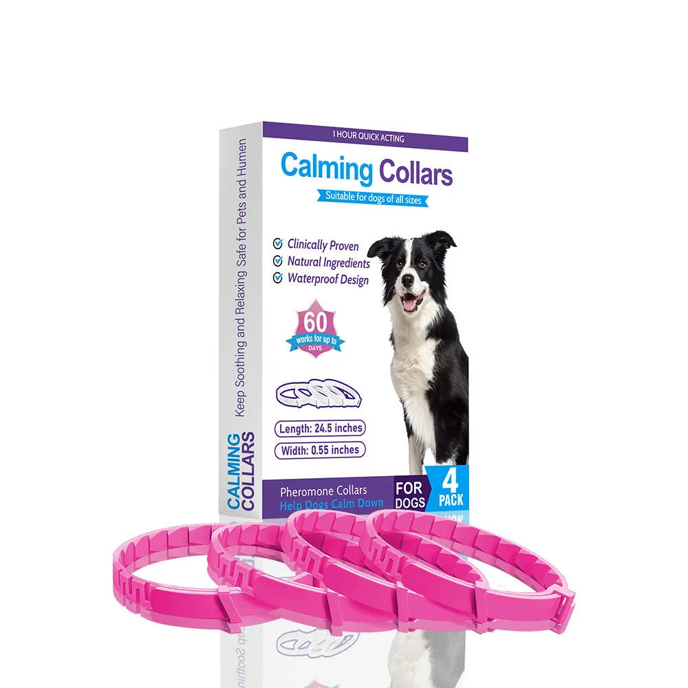 A pack of four solid-colour dog anxiety relief collars made from black, blue, grey, and pink TPR, each measuring 62cm.