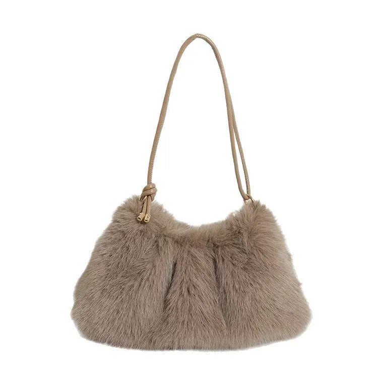 Soft plush underarm bag for women in khaki with single shoulder strap and compact 35x17x9cm size