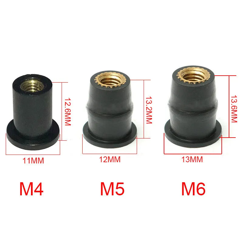 Black brass and rubber expansion well nuts for motorcycle windshield mounting in M4, M5, and M6 sizes.