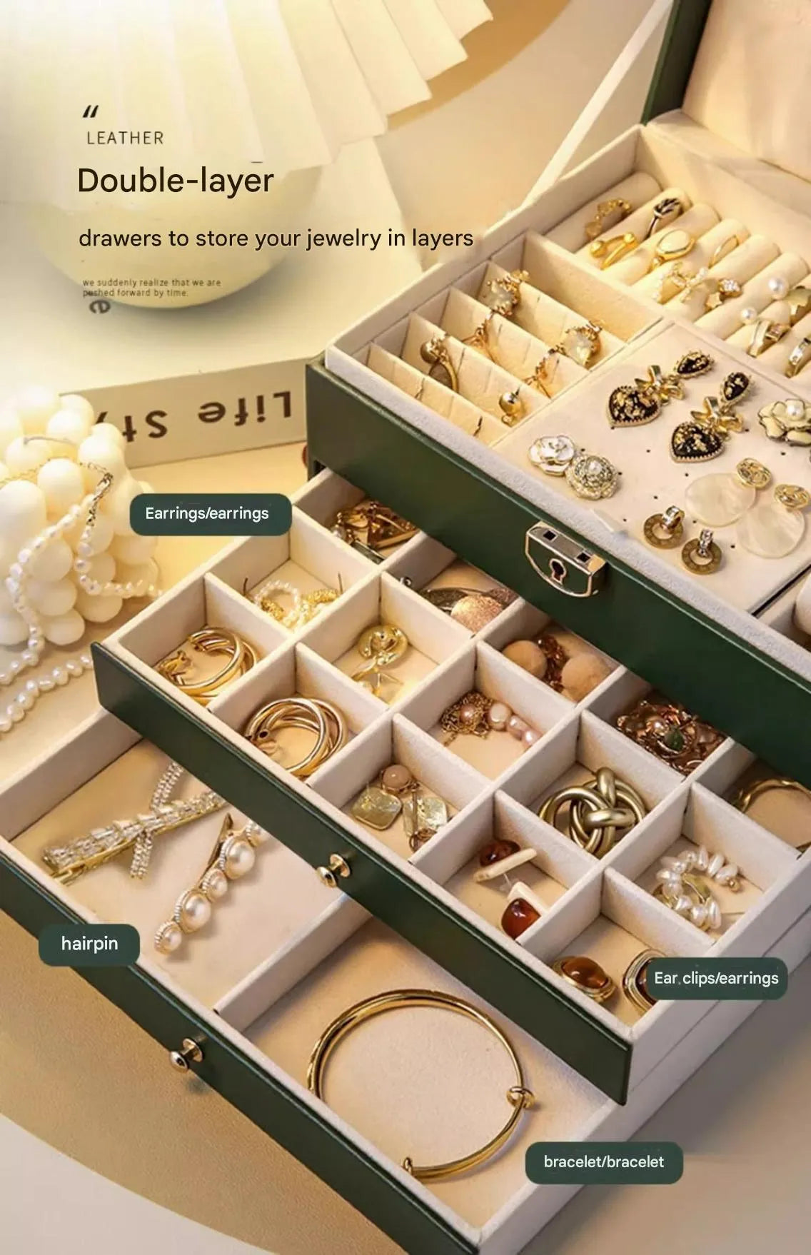 Leather jewellery storage box with three drawers in choice of colours.