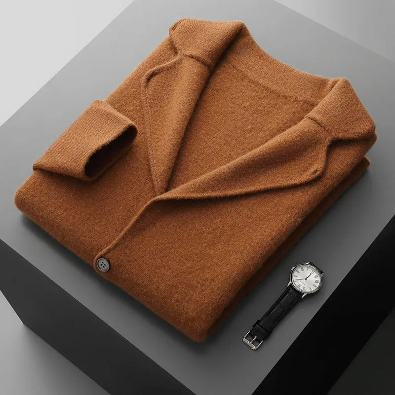 Men's loose fit cashmere-blend cardigan jacket in thickened construction showing colour options