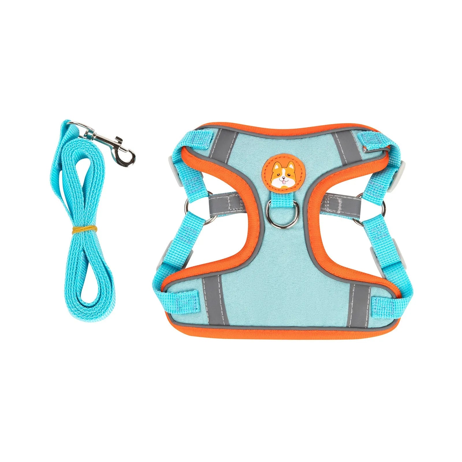 Adjustable dog harness vest with haulage rope in one of six colours: purple, blue, orange, red, brown, or green.