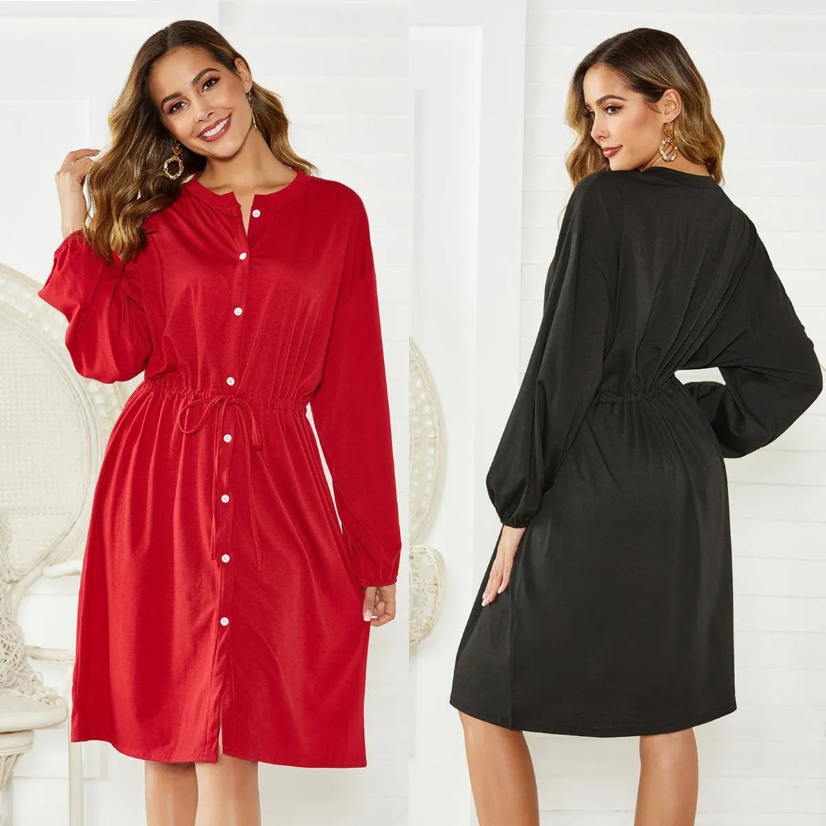 Black polyester A-line midi dress with long sleeves and a detachable belt.